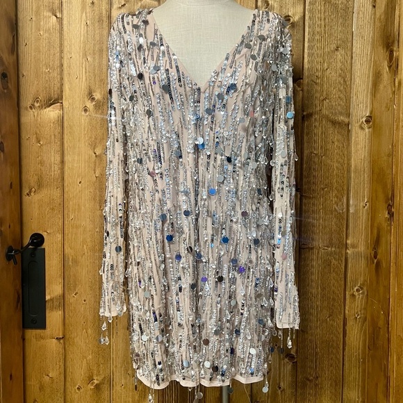 NWT Mac Duggal Nude Plunge Crystal Fringe Special Occasion Dress - Picture 4 of 12